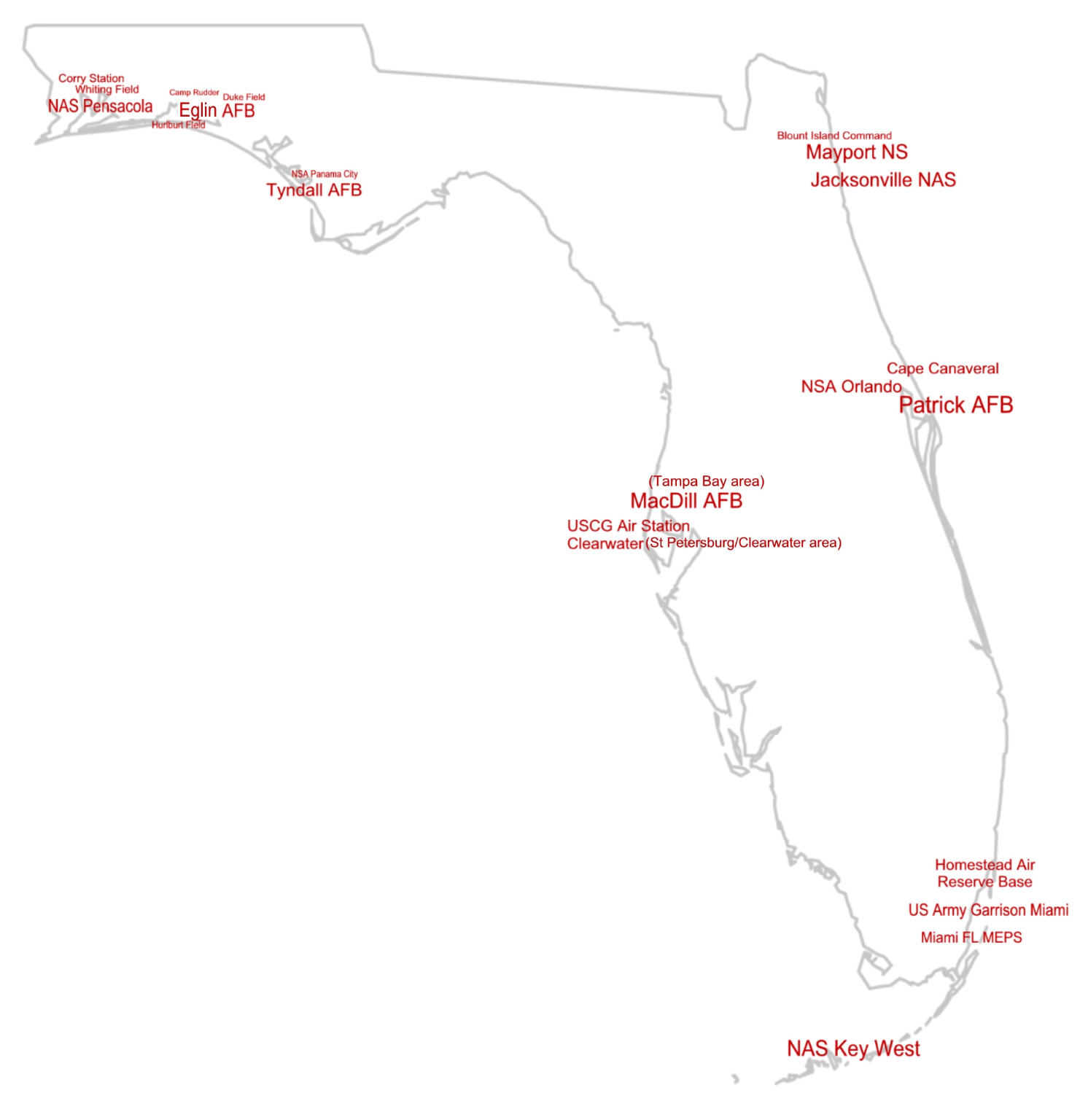 Florida Map showing Military Bases