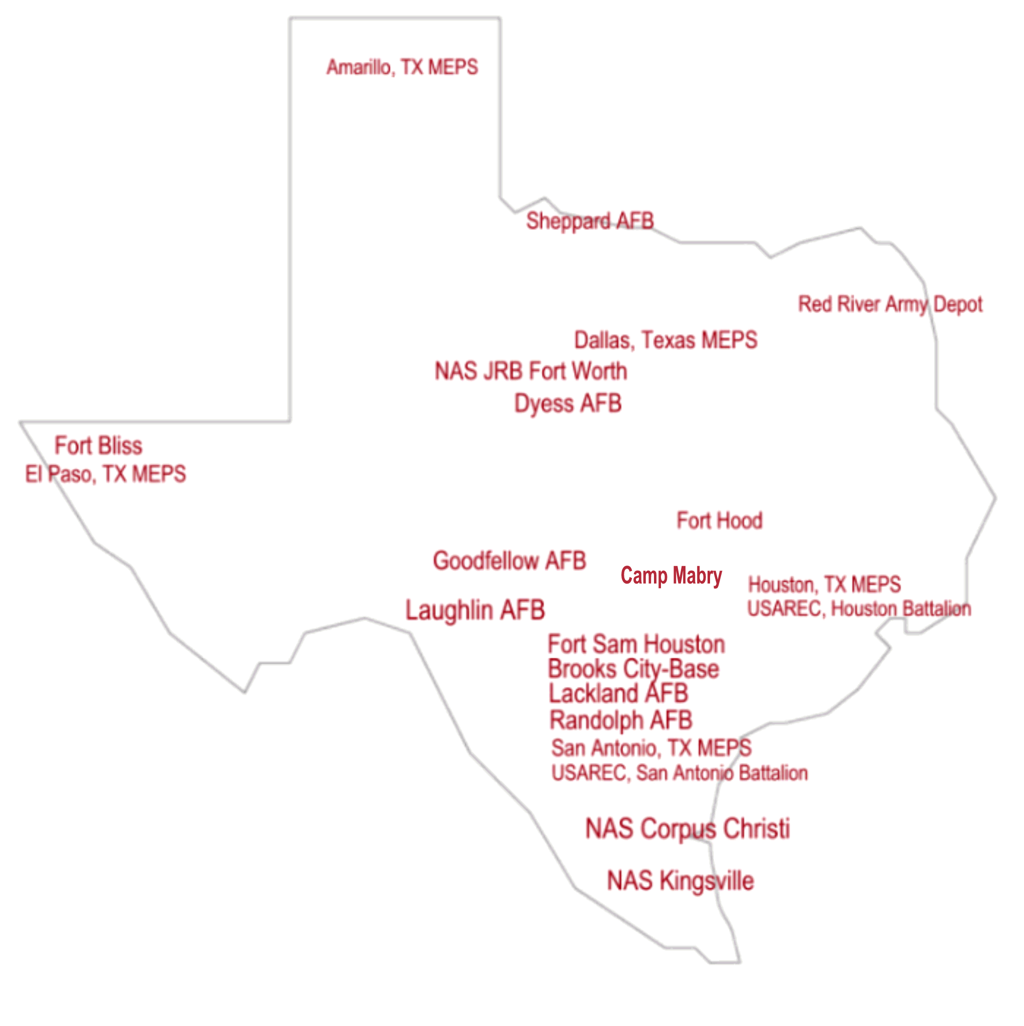 Map of Texas locating Military Installations and bases